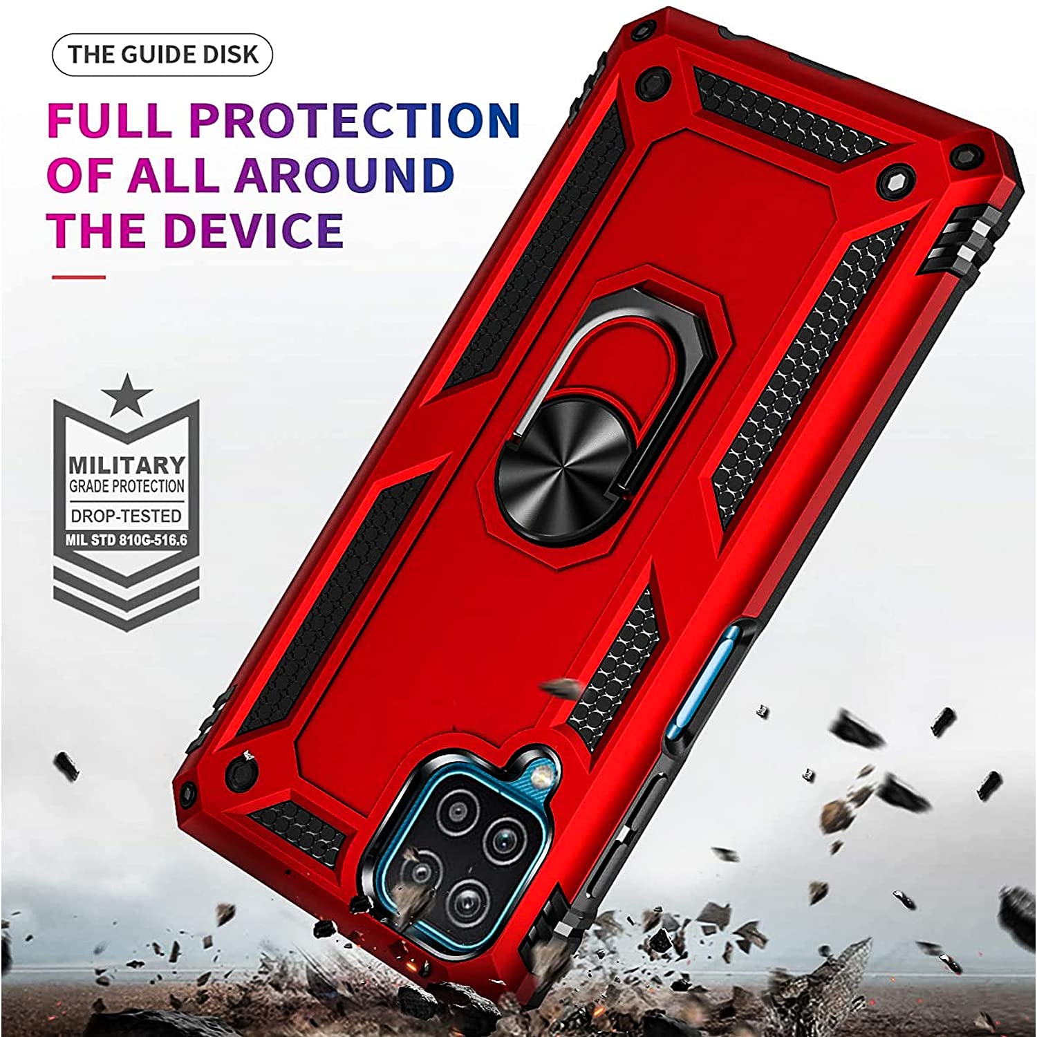 Galaxy A42 5G Case, Samsung A42 5G Phone Case with [Tempered Glass Screen Protector Included], STARSHOP Military Grade Shockproof Protective Dual Layer Phone Cover with Metal Ring Kickstand - Red