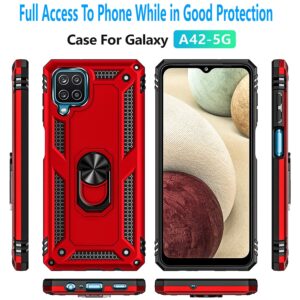 Galaxy A42 5G Case, Samsung A42 5G Phone Case with [Tempered Glass Screen Protector Included], STARSHOP Military Grade Shockproof Protective Dual Layer Phone Cover with Metal Ring Kickstand - Red