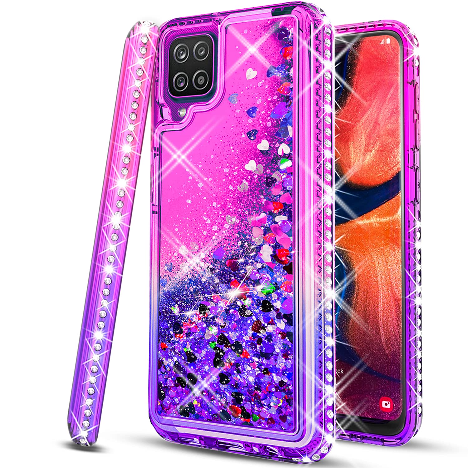 Samsung Galaxy A42 5G Phone Case, Galaxy A42 5G Phone Case, with [Tempered Glass Screen Protector Included] STARSHOP Liquid Bling Sparkle Floating Glitter Quicksand Girls Women Cute- Pink/Purple