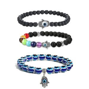 RUIZHEN 3Pcs Evil Eye Hamsa Hand Stretch Bracelet 7 Chakras Gemstone Lava Stone Aromatherapy Essential Oil Diffuser Bracelet for Women Men (A)