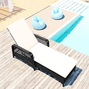 Patio Chaise Lounge Chair Outdoor Pool Beach, Brown PE Rattan Wicker Reclining Chair Djustable Backrest, Removable Cushion (Beige), Steel Frame Set of 2 (1)