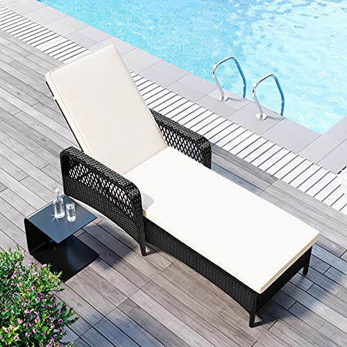 Patio Chaise Lounge Chair Outdoor Pool Beach, Brown PE Rattan Wicker Reclining Chair Djustable Backrest, Removable Cushion (Beige), Steel Frame Set of 2 (1)