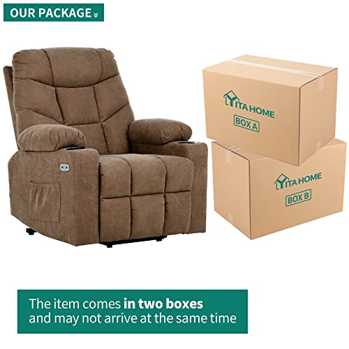 YITAHOME Electric Power Lift Recliner Chair for Elderly, Fabric Recliner Chair with Massage and Heat, Spacious Seat, USB Ports, Cup Holders, Side Pockets, Remote Control (Brown)