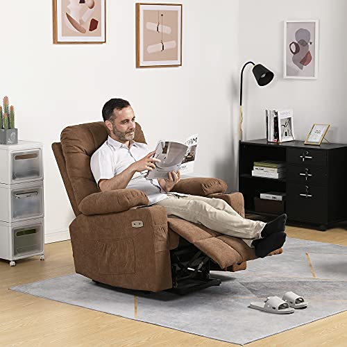 YITAHOME Electric Power Lift Recliner Chair for Elderly, Fabric Recliner Chair with Massage and Heat, Spacious Seat, USB Ports, Cup Holders, Side Pockets, Remote Control (Brown)