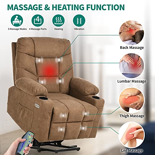 YITAHOME Electric Power Lift Recliner Chair for Elderly, Fabric Recliner Chair with Massage and Heat, Spacious Seat, USB Ports, Cup Holders, Side Pockets, Remote Control (Brown)