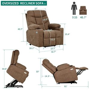 YITAHOME Electric Power Lift Recliner Chair for Elderly, Fabric Recliner Chair with Massage and Heat, Spacious Seat, USB Ports, Cup Holders, Side Pockets, Remote Control (Brown)