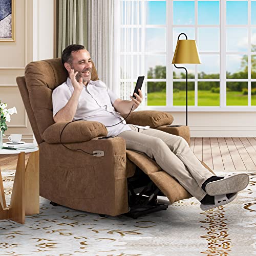 YITAHOME Electric Power Lift Recliner Chair for Elderly, Fabric Recliner Chair with Massage and Heat, Spacious Seat, USB Ports, Cup Holders, Side Pockets, Remote Control (Brown)