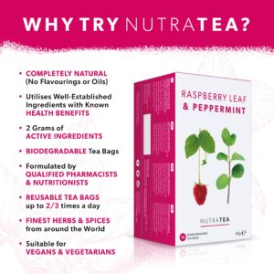 Nutra Tea - Raspberry Leaf & Peppermint Tea - Raspberry Leaf Tea For Pregnancy & Expectant Mothers - 20 Tea Bags - Herbal Tea - (1 Pack)