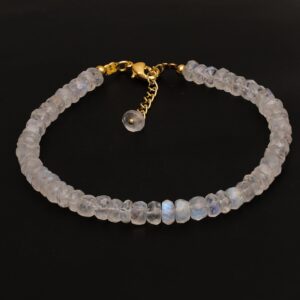 Gempires Rainbow Moonstone Beaded Bracelet, Faceted Beads 4-5 mm, Moonstone Crystal Bracelet for Women, June Birthstone, Gift for Her, 14k Gold Plated 8 inches Adjustable Chain