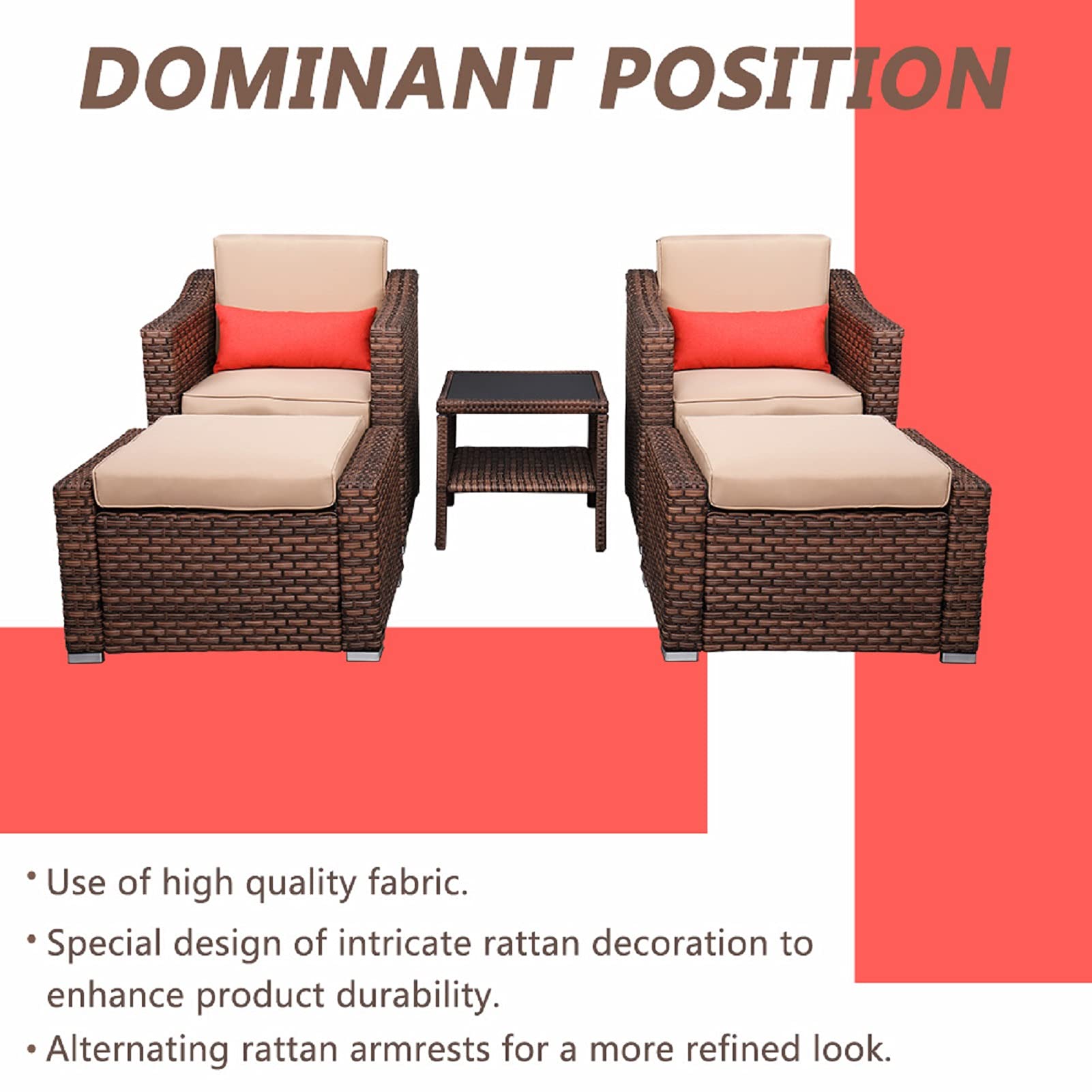 fuhan 5 PCS Outdoor Lounge Chair Chat Conversation Set - All-Weather PE Wicker Cushioned Patio Chairs Set of 2 with OttomansPillows & Double-Layer End Table, Brown, 74 x 67 x 76 cm