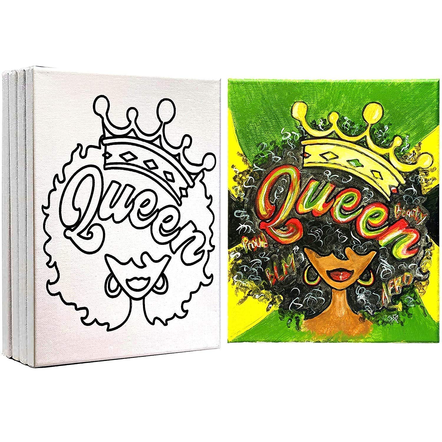 4 PACK Canvas Painting Bundle | Pre Drawn Stretched Canvas | Afro Queen 2 | Birthday Gift | Adult Sip and Paint Party Favor | DIY PARTY… (8x10)