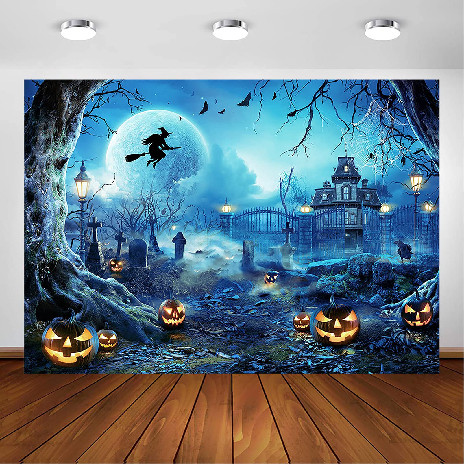 Avezano Halloween Photography Backdrop Full Moon Scary Night Castle Pumpkins Party Background Spooky Witch Bats Cemetery Child Kids Halloween Party Decorations Photoshoot Backdrops (10x7ft, Blue)