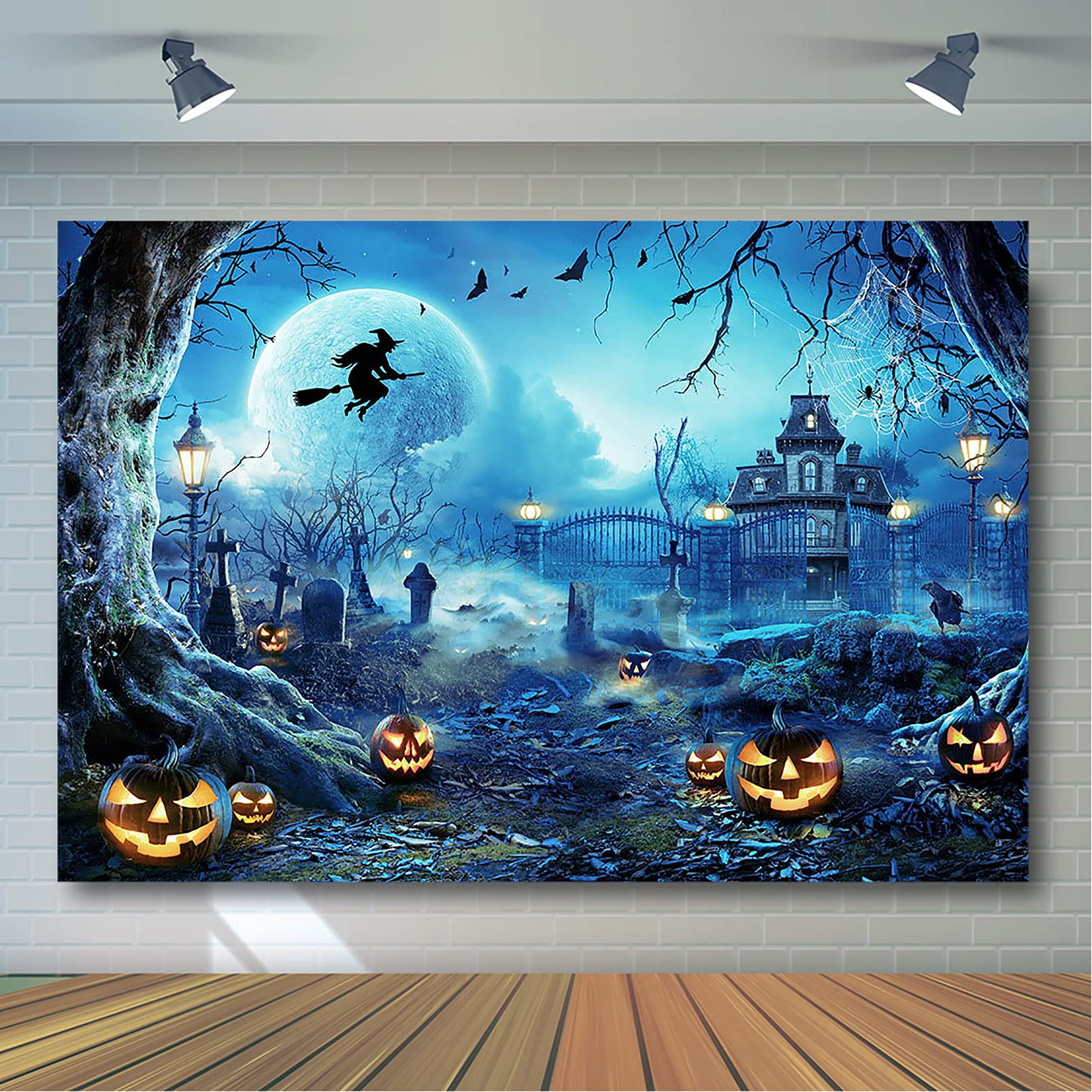 Avezano Halloween Photography Backdrop Full Moon Scary Night Castle Pumpkins Party Background Spooky Witch Bats Cemetery Child Kids Halloween Party Decorations Photoshoot Backdrops (10x7ft, Blue)