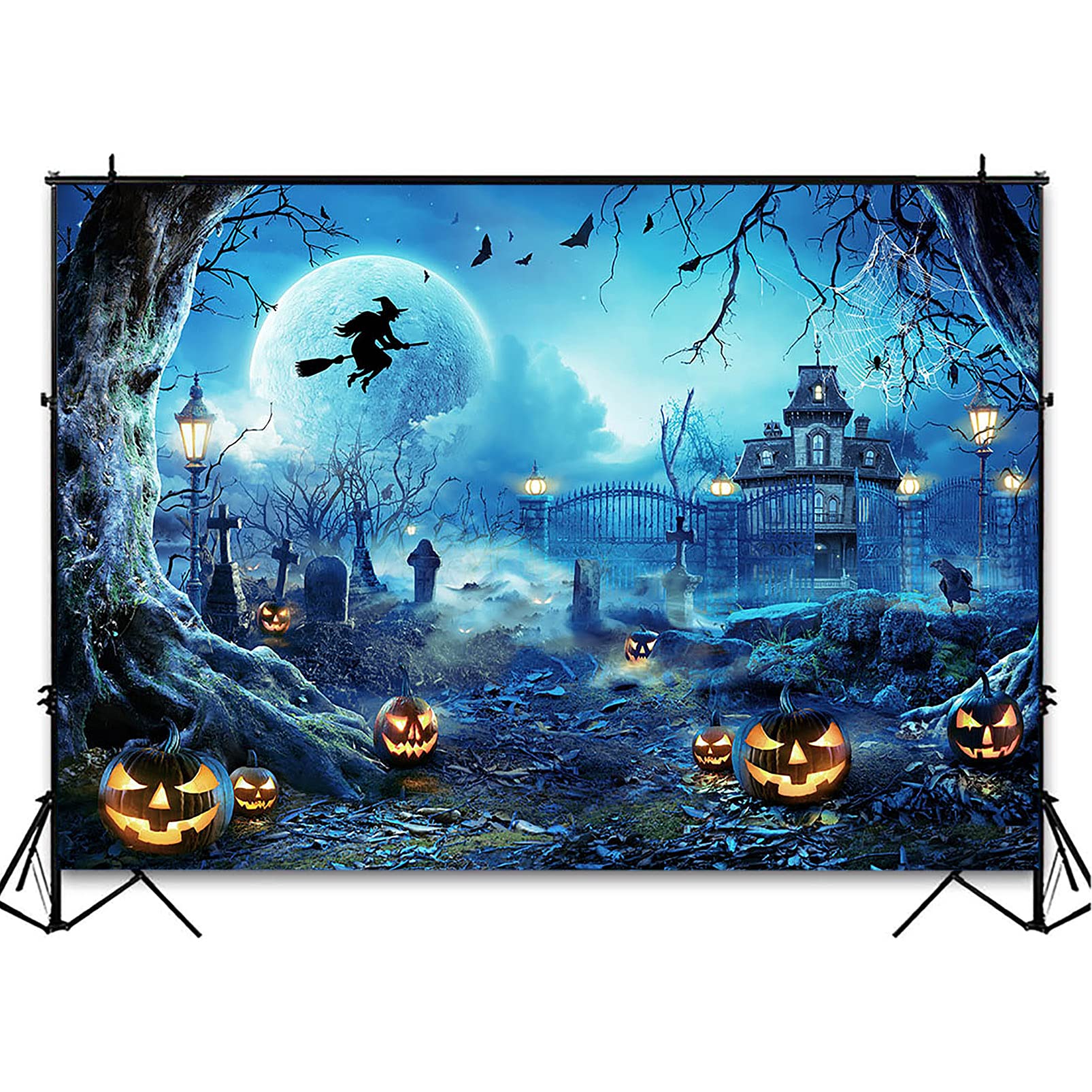 Avezano Halloween Photography Backdrop Full Moon Scary Night Castle Pumpkins Party Background Spooky Witch Bats Cemetery Child Kids Halloween Party Decorations Photoshoot Backdrops (10x7ft, Blue)