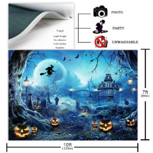 Avezano Halloween Photography Backdrop Full Moon Scary Night Castle Pumpkins Party Background Spooky Witch Bats Cemetery Child Kids Halloween Party Decorations Photoshoot Backdrops (10x7ft, Blue)