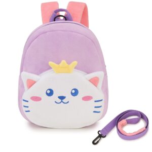 Toddler Backpack,Cute Plush Small Preschool Backpack with Leash Gift for Little Boys Girls Kids with Chest Strap,Purple Cat