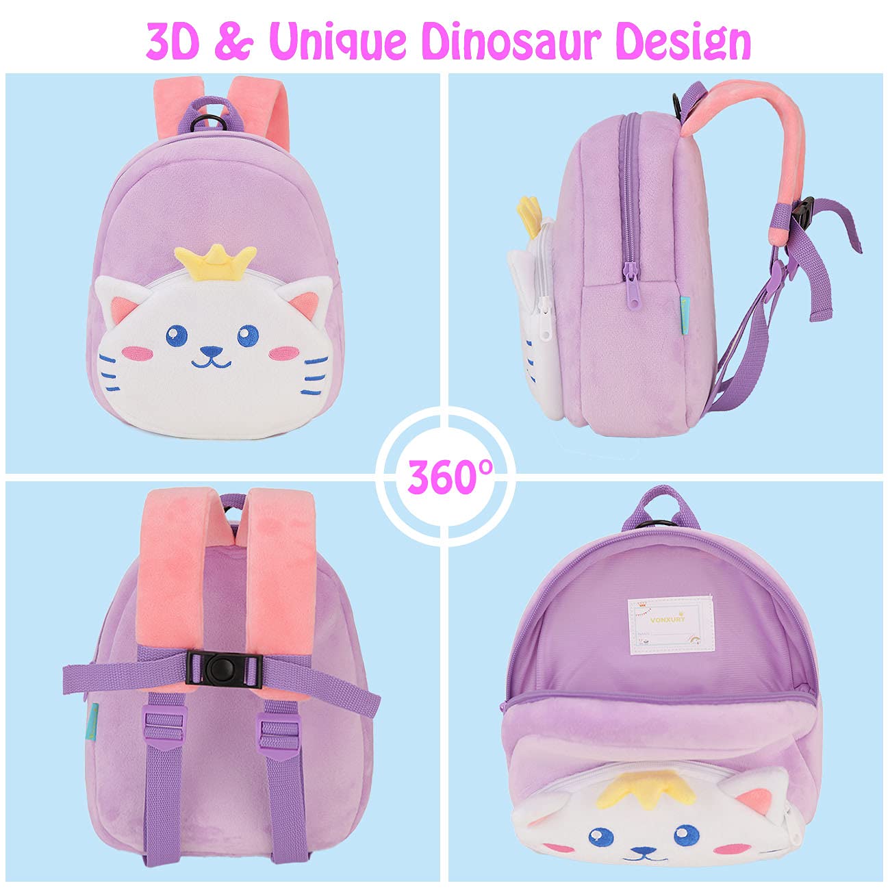 Toddler Backpack,Cute Plush Small Preschool Backpack with Leash Gift for Little Boys Girls Kids with Chest Strap,Purple Cat