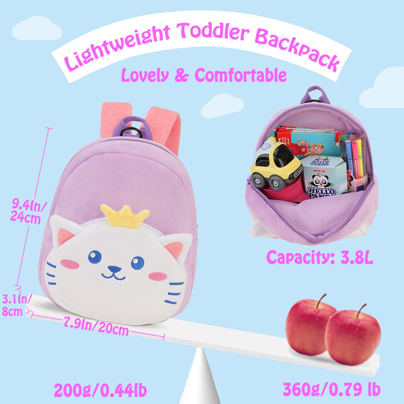 Toddler Backpack,Cute Plush Small Preschool Backpack with Leash Gift for Little Boys Girls Kids with Chest Strap,Purple Cat