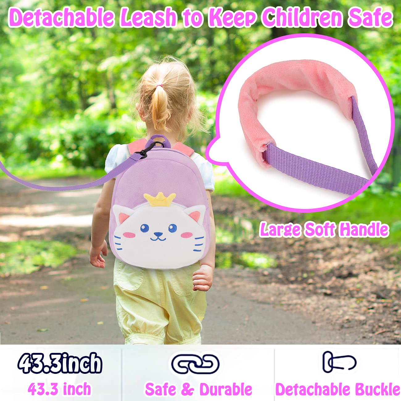 Toddler Backpack,Cute Plush Small Preschool Backpack with Leash Gift for Little Boys Girls Kids with Chest Strap,Purple Cat