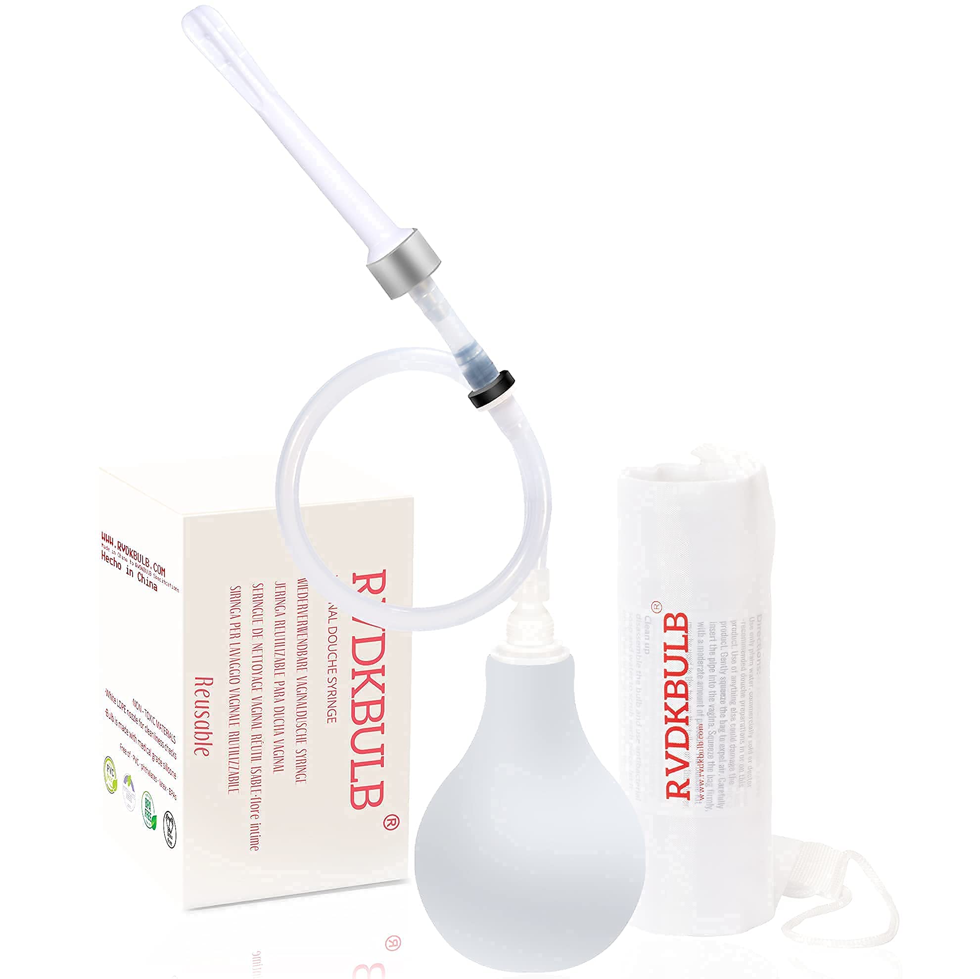 RVDKBULB Natural Vaginal Cleansing System with 3 One-Way Valves - Vaginal Douche for Women, 18 inches Long Hose, Free of PVC & Phthalates & BPAs, 12 Fl Oz, White