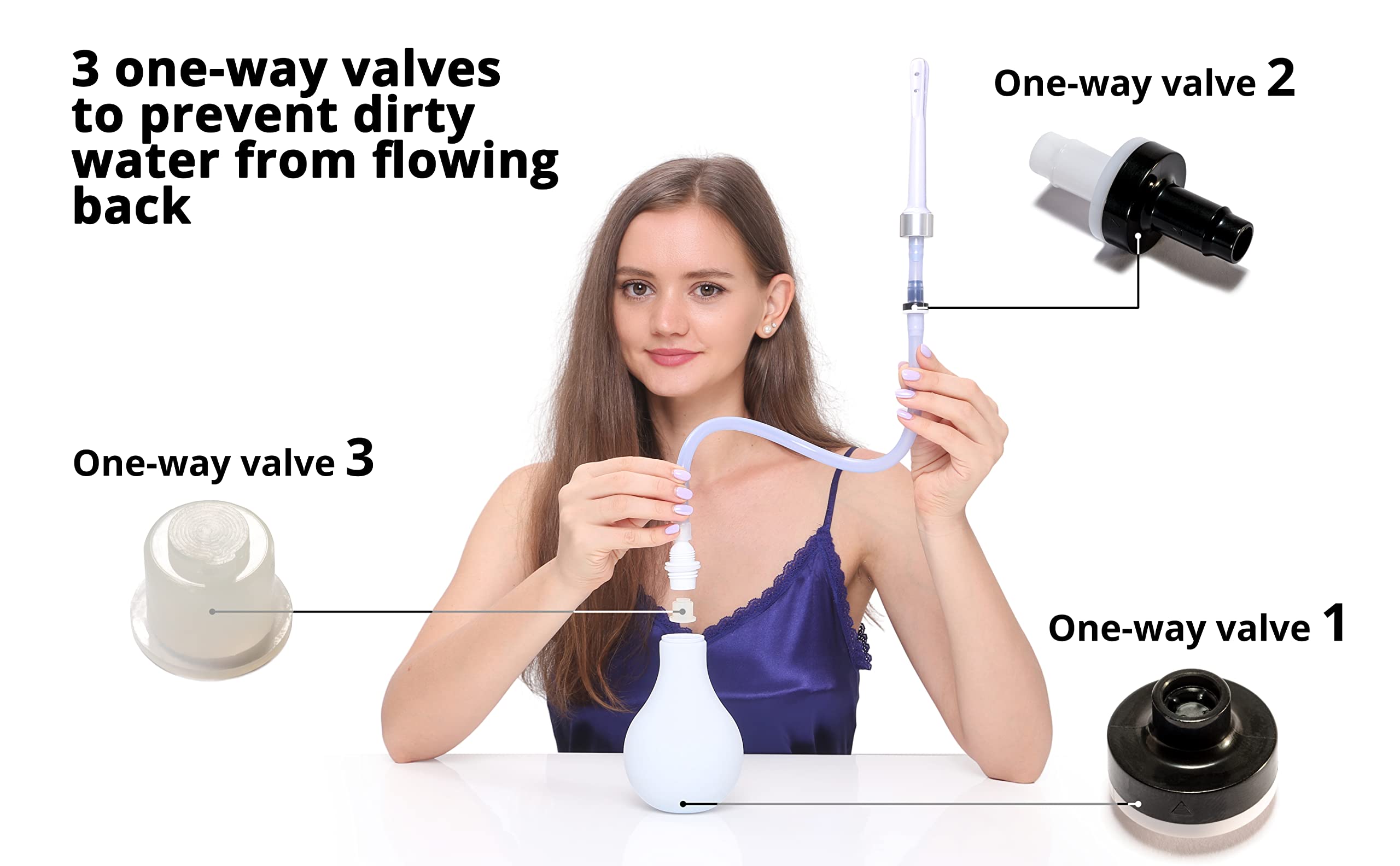 RVDKBULB Natural Vaginal Cleansing System with 3 One-Way Valves - Vaginal Douche for Women, 18 inches Long Hose, Free of PVC & Phthalates & BPAs, 12 Fl Oz, White