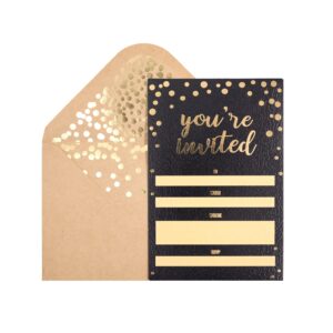 Chriz.Z Invitation Cards - 50-Count 4" x 6" Black Invitation Cards ‘’You Are Invited’’ in Gold Foil with 52 Gold Confetti Foil Kraft Envelopes – For Wedding, Bridal Shower, Baby Shower, Birthday