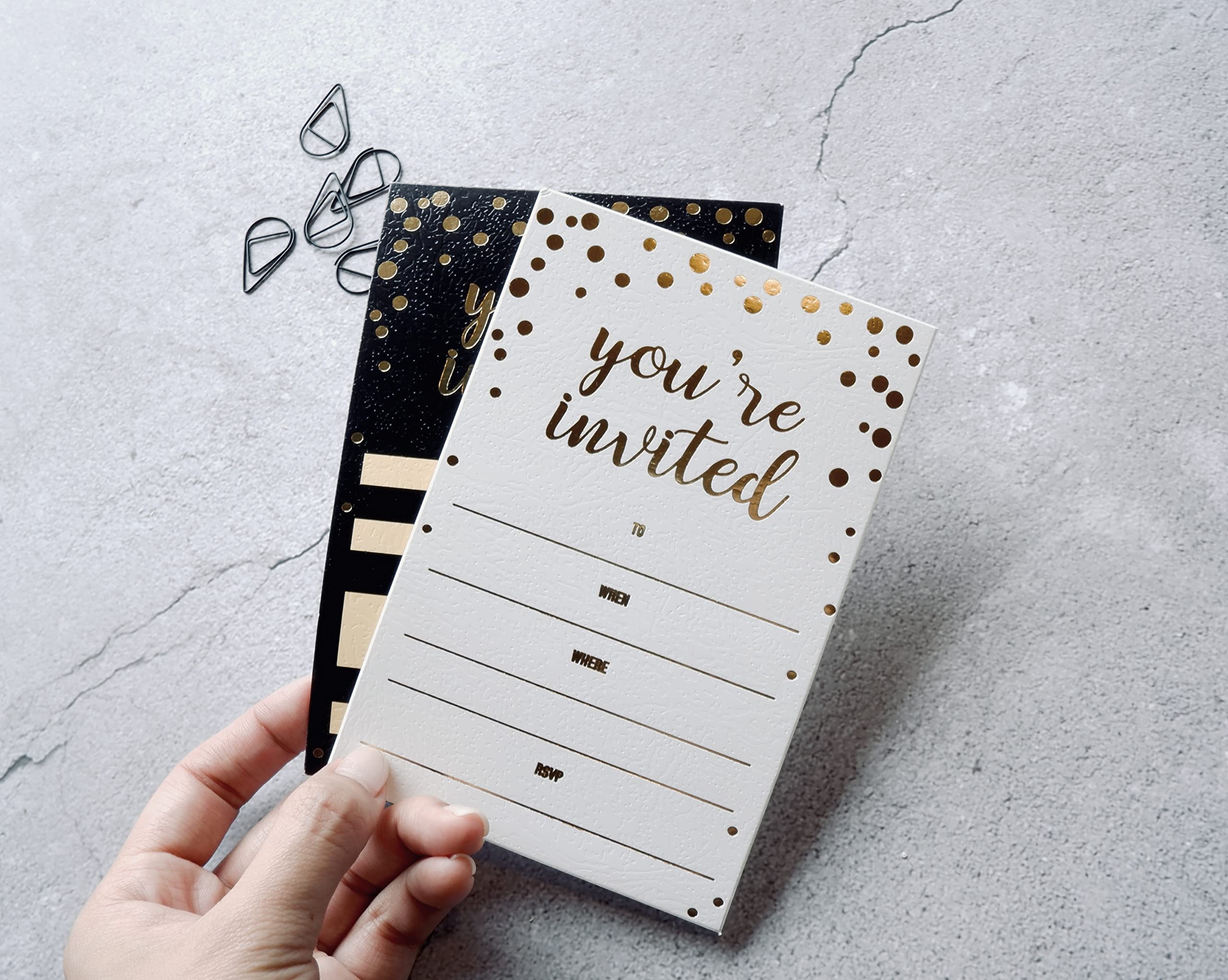 Chriz.Z Invitation Cards - 50-Count 4" x 6" Black Invitation Cards ‘’You Are Invited’’ in Gold Foil with 52 Gold Confetti Foil Kraft Envelopes – For Wedding, Bridal Shower, Baby Shower, Birthday