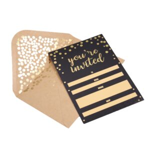 Chriz.Z Invitation Cards - 50-Count 4" x 6" Black Invitation Cards ‘’You Are Invited’’ in Gold Foil with 52 Gold Confetti Foil Kraft Envelopes – For Wedding, Bridal Shower, Baby Shower, Birthday