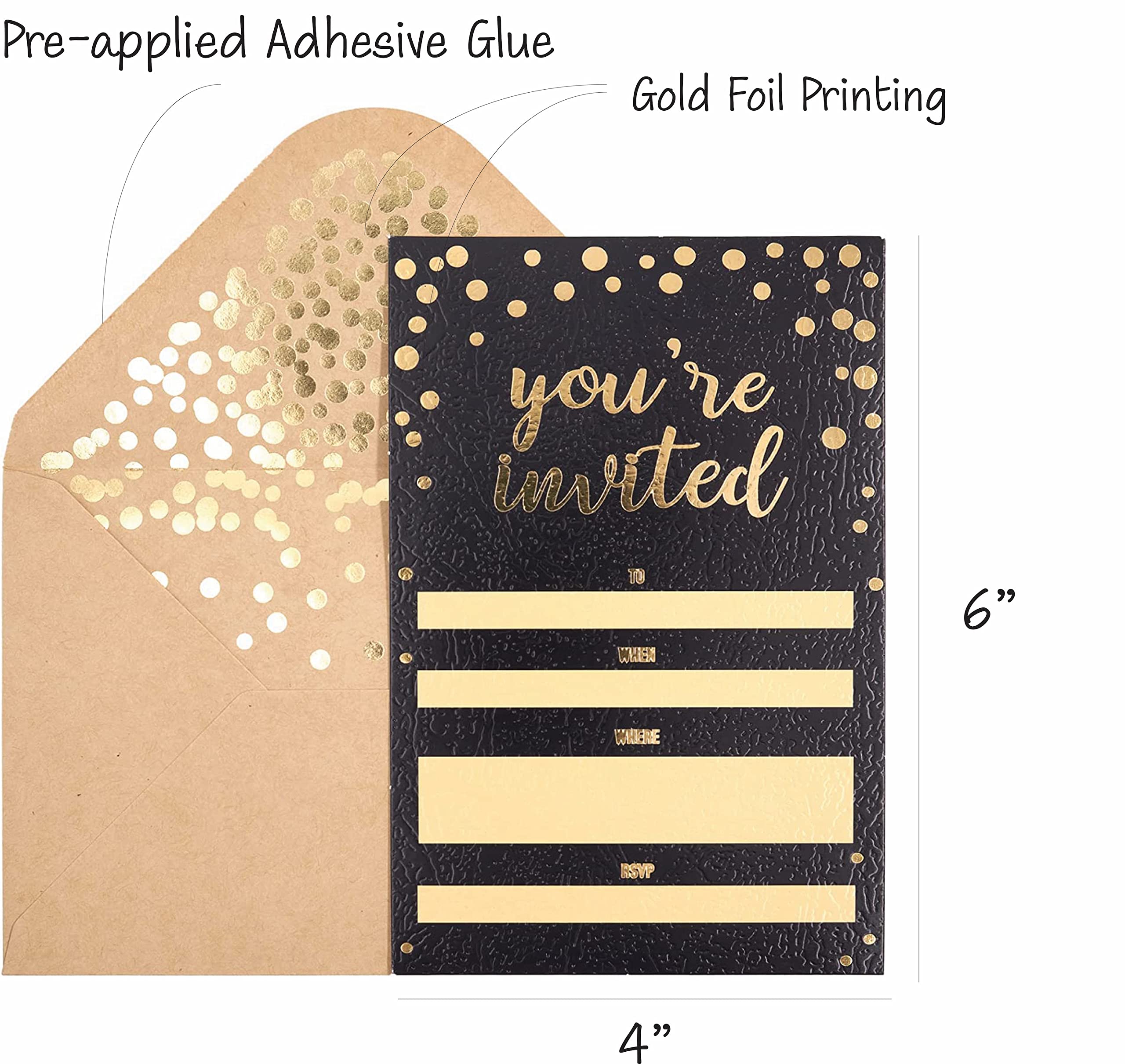 Chriz.Z Invitation Cards - 50-Count 4" x 6" Black Invitation Cards ‘’You Are Invited’’ in Gold Foil with 52 Gold Confetti Foil Kraft Envelopes – For Wedding, Bridal Shower, Baby Shower, Birthday