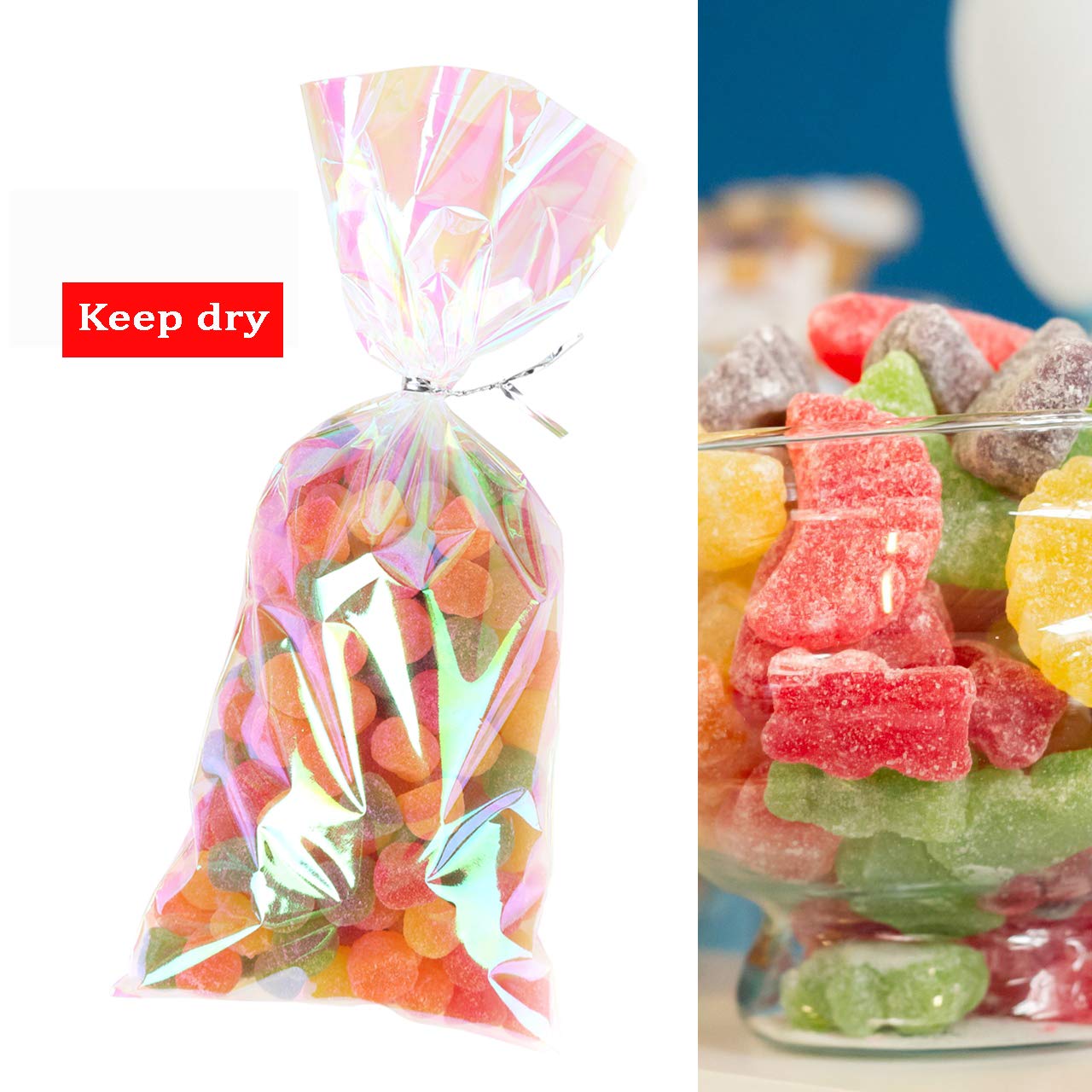 QTOP Cellophane Treat Bags,Iridescent Holographic Goodie Bags, Clear Cello Bags with Twist Ties for Birthday Party Favors, Valentines, Easter, Weddings