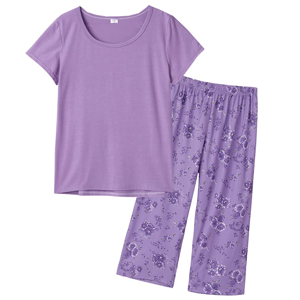 YIJIU Women's Pajama Set Crewneck Short Sleeve Top with Capri Pants Sleepwear Soft Pjs Lounge Sets,Purple,Large