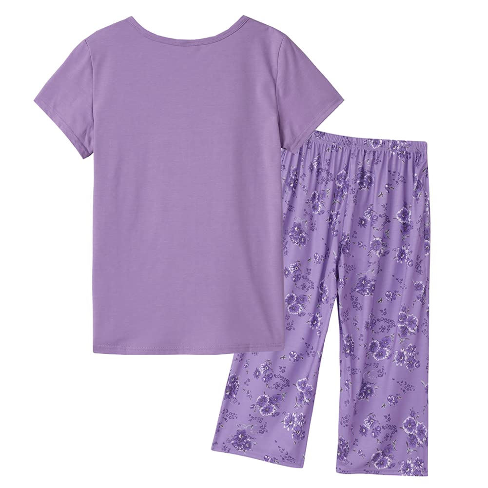 YIJIU Women's Pajama Set Crewneck Short Sleeve Top with Capri Pants Sleepwear Soft Pjs Lounge Sets,Purple,Large