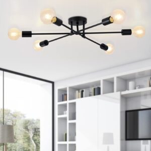 BrkNit 6-Light Sputnik Chandeliers, Black Modern Semi Flush Mount Ceiling Light with E26 Base, Mid Century Industrial Vintage Kitchen Farmhouse Light Fixtures for Dining Room Bedroom Living Room