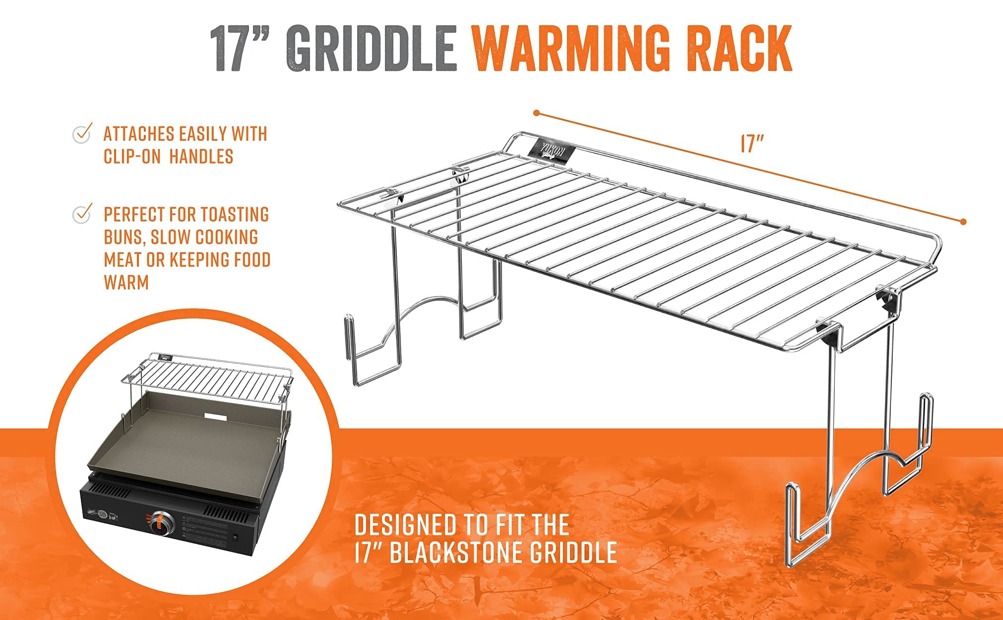 Yukon Glory™ Griddle Warming Rack, Designed for 17" Blackstone Griddles, One-Step Clip On Attachment, Portable and Collapsible