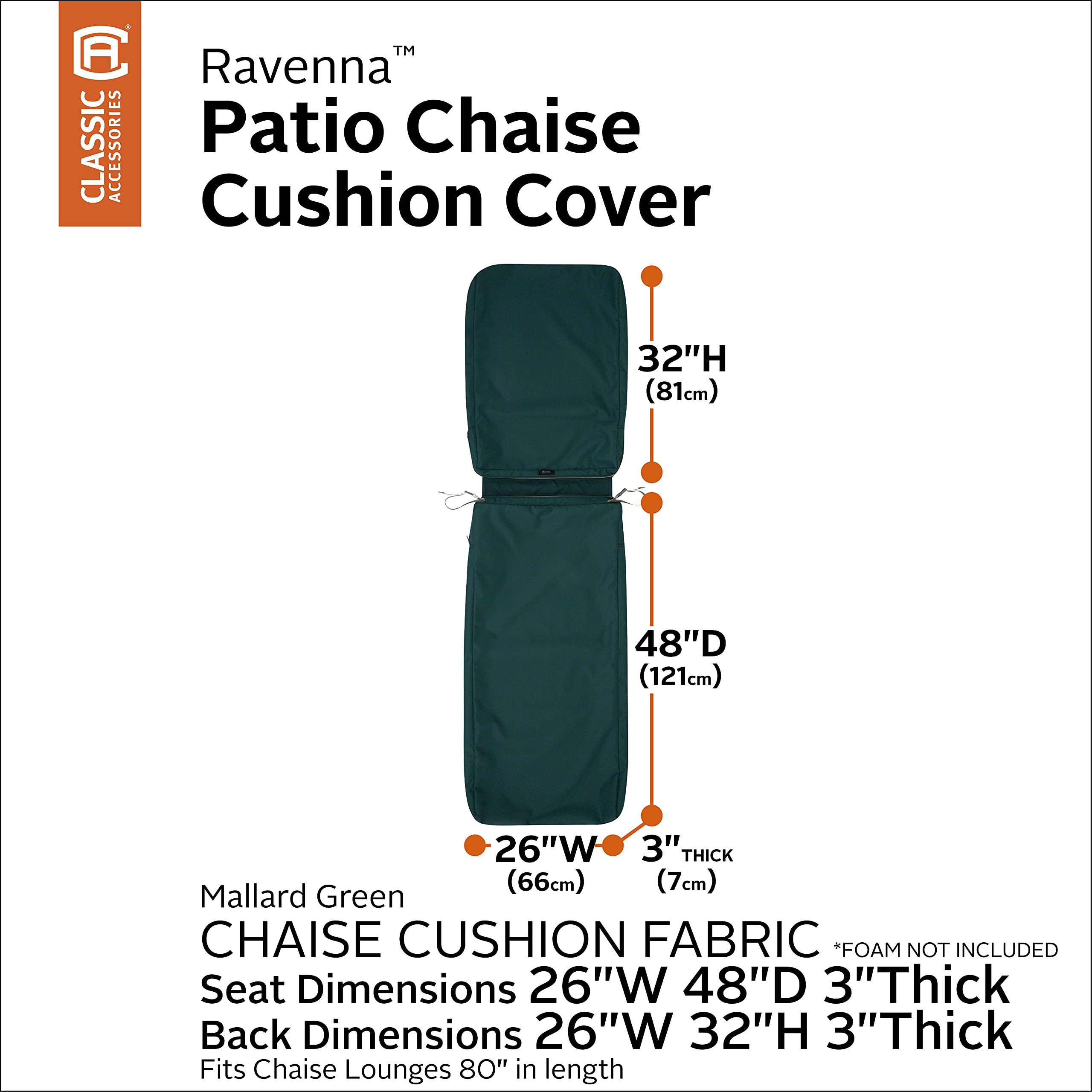 Classic Accessories Ravenna Water-Resistant Patio Chaise Cushion Cover, 80 x 26 x 3 Inch, Mallard Green, Patio Furniture Cushion Covers