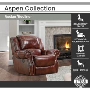 Hanover Aspen Rocker Recliner Chair, 100% Genuine Leather Deep-Seating Rocker for Living Room, Family Room, Den, or Man Cave, Space Saving Cushioned Rustic Armchair, Oxblood