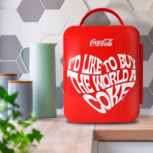 Coca Cola World 1971 Series Portable 6 Can Thermoelectric Mini Fridge Cooler/Warmer, 4 L/4.2 Quarts Capacity, 12V DC/240V AC for Home, Dorm, car, Boat, Beverages, Snacks, Skincare, Cosmetics