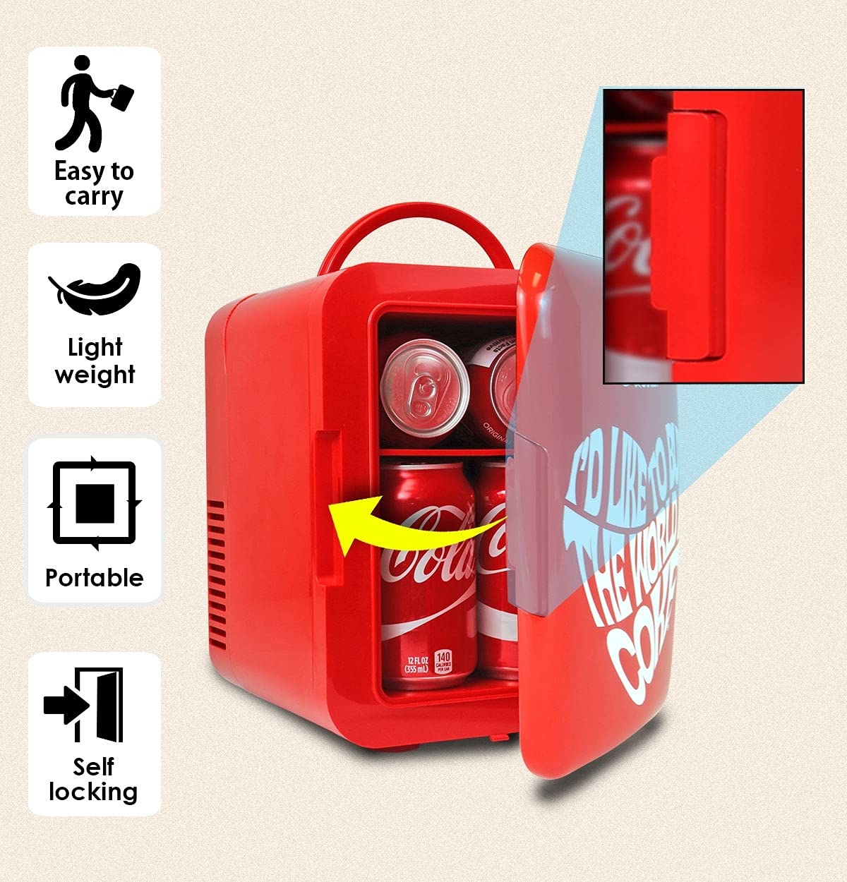 Coca Cola World 1971 Series Portable 6 Can Thermoelectric Mini Fridge Cooler/Warmer, 4 L/4.2 Quarts Capacity, 12V DC/240V AC for Home, Dorm, car, Boat, Beverages, Snacks, Skincare, Cosmetics