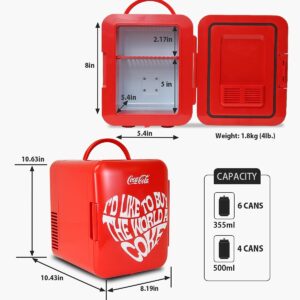 Coca Cola World 1971 Series Portable 6 Can Thermoelectric Mini Fridge Cooler/Warmer, 4 L/4.2 Quarts Capacity, 12V DC/240V AC for Home, Dorm, car, Boat, Beverages, Snacks, Skincare, Cosmetics