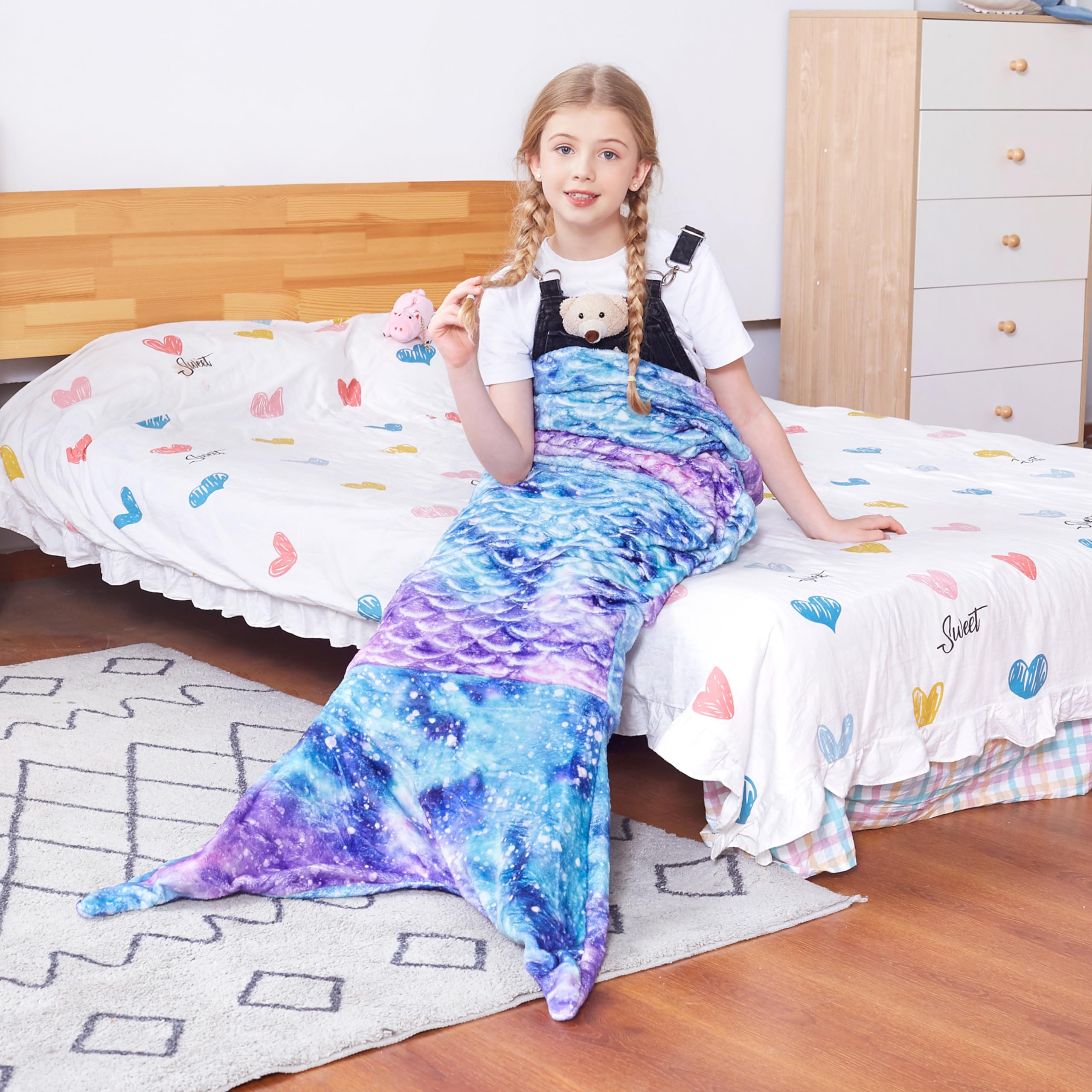 Catalonia Kids Mermaid Tail Blanket, Super Soft Plush Flannel Sleeping Snuggle Blanket for Girls, Galaxy, Fish Scale Pattern, Gift Idea