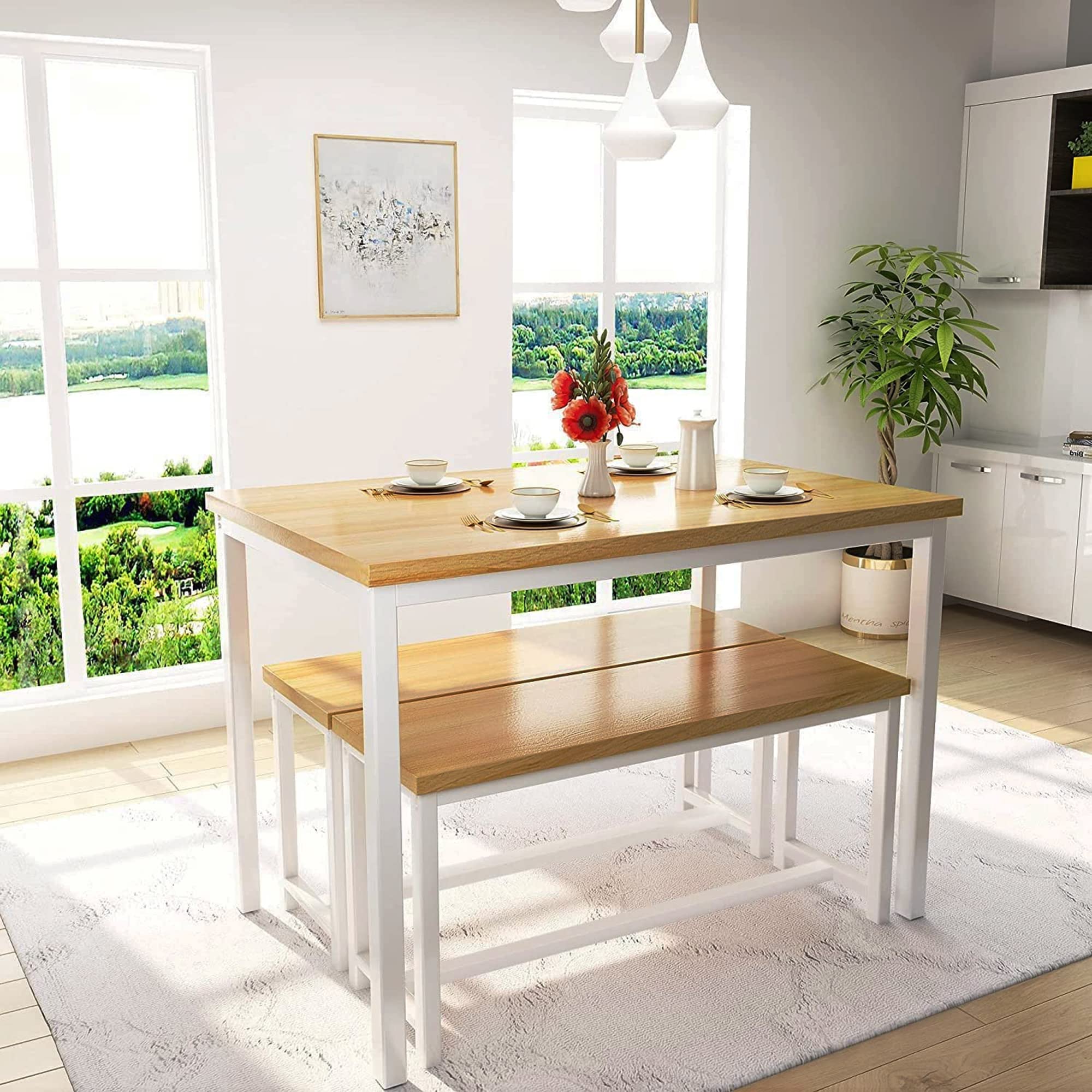 AWQM Dining Room Table Set, Kitchen Table Set with 2 Benches, Ideal for Home, Kitchen and Dining Room, Breakfast Table of 47.2x28.7x28.7 inches, Benches of 41.3x11.8x17.7 inches, Beige