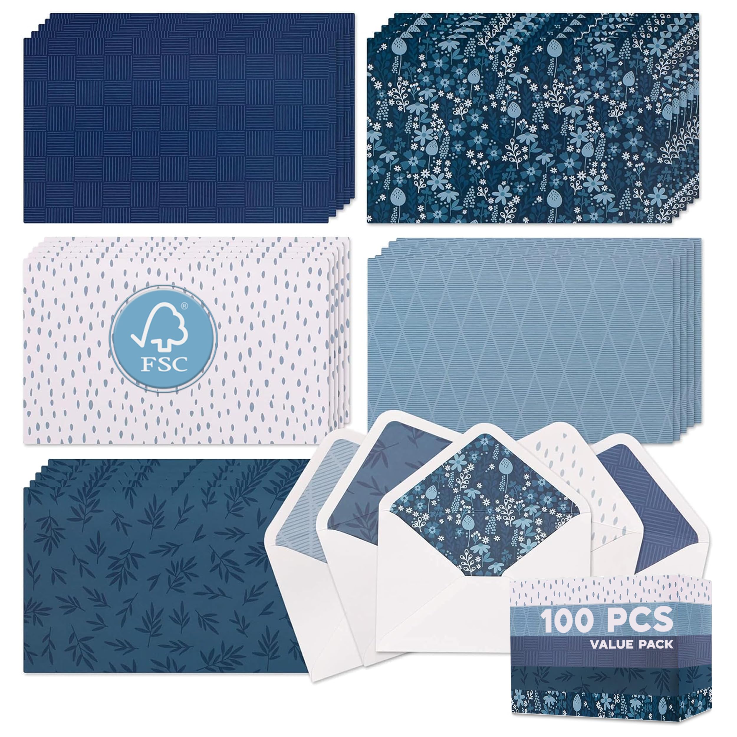 VNS Creations 100 pack Blank Cards with Envelopes & Stickers - All Occasion Blank Greeting Cards and Envelopes - Blank Note Cards with Envelopes 4x6 - Plain Blank Inside Navy Stationary Cards Set