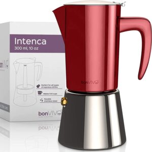 bonvivo intenca stovetop espresso maker - luxurious italian coffee machine maker, stainless steel espresso maker full bodied coffee, espresso pot for 5-6 cups, 10 oz moka pot red finish