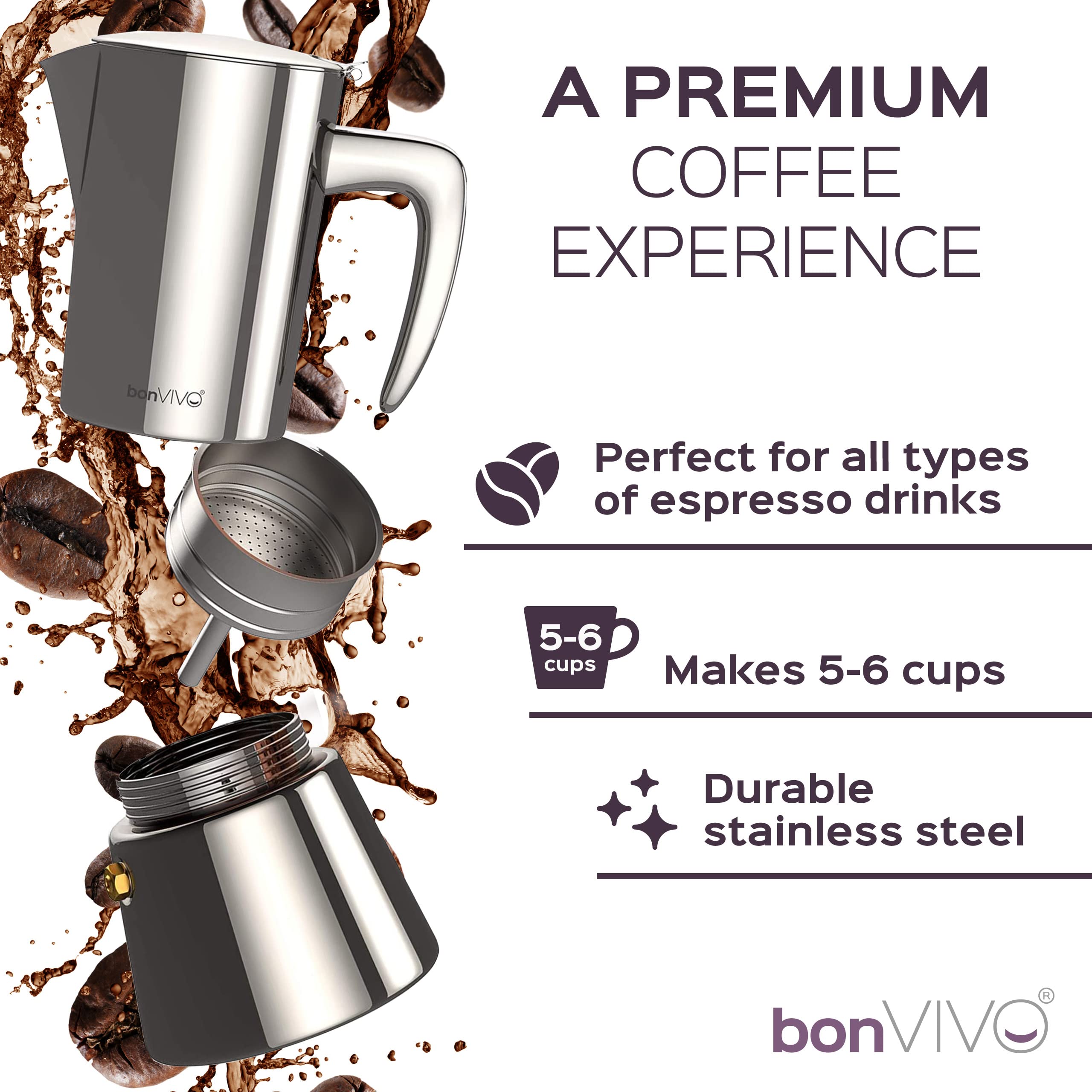 bonVIVO Intenca Stovetop Espresso Maker - Luxurious Italian Coffee Machine Maker, Stainless Steel Espresso Maker Full Bodied Coffee, Espresso Pot For 5-6 Cups, 10 oz Moka Pot Red Finish