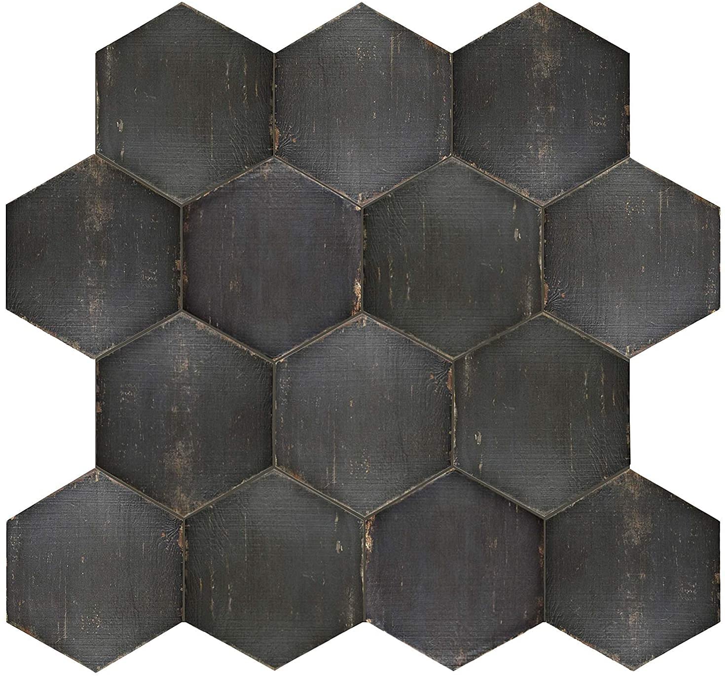 Vintage Hex Porcelain Floor and Wall Tile, 14.125" x 16.25", Black/Brown FNURTXNG Tile, 14.125" x 16.25", 9 Pieces