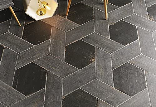 Vintage Hex Porcelain Floor and Wall Tile, 14.125" x 16.25", Black/Brown FNURTXNG Tile, 14.125" x 16.25", 9 Pieces