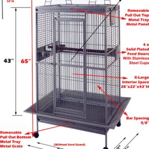 4-Size/2-Color; Extra Large Elegant Durable Play Top Bird Cage Parrot Finch Macaw Cockatoo Bird Wrought Iron Cage (White-Vein)