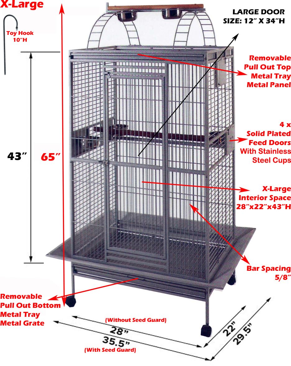 4-Size/2-Color; Extra Large Elegant Durable Play Top Bird Cage Parrot Finch Macaw Cockatoo Bird Wrought Iron Cage (White-Vein)