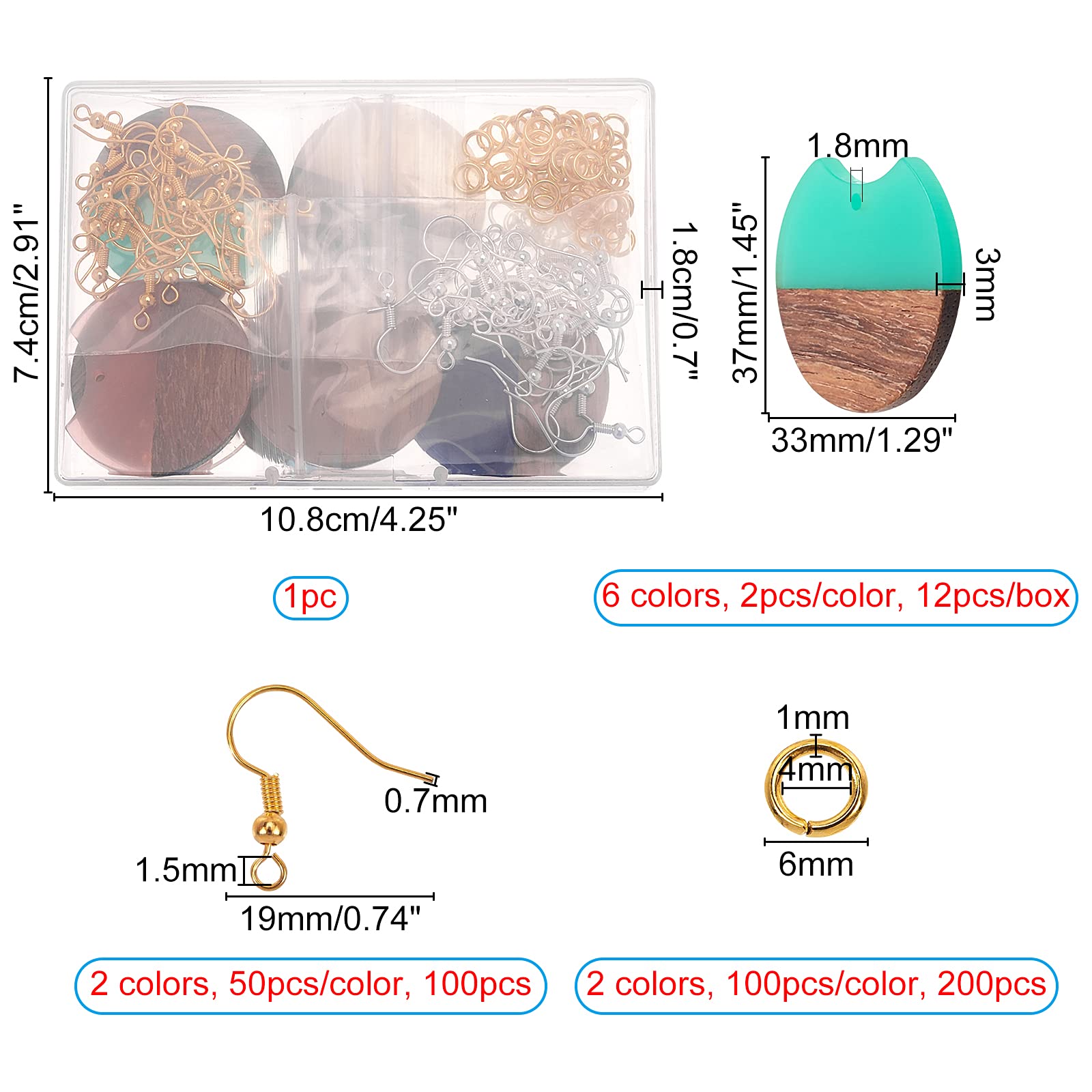 OLYCRAFT 173pcs Resin Wooden Earring Pendants Gap Flat Round Vintage Resin Walnut Wood Statement Earring Findings with Earring Hooks and Jump Rings for Necklace Earring Making - 6 Colors