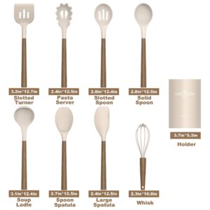 Silicone Kitchen Cooking Utensil Set, 9Pcs Kitchen Utensils Spatula Set with Wooden Handle for Nonstick Cookware, 446°F Heat Resistant Silicone Kitchen Gadgets Utensil Set with Large Holder（Khaki）